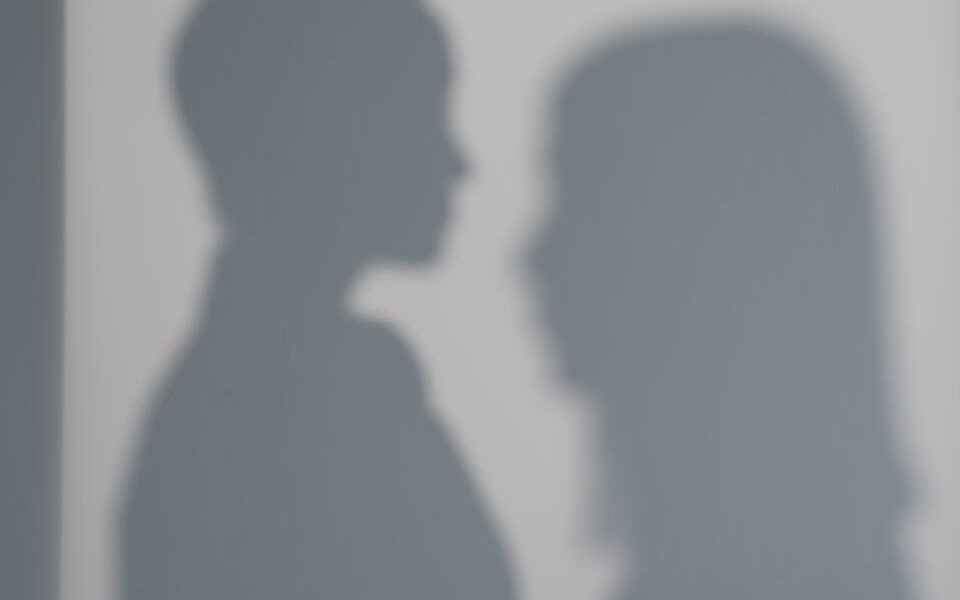 Two women's shadows cast on a wall creating an artistic silhouette effect.